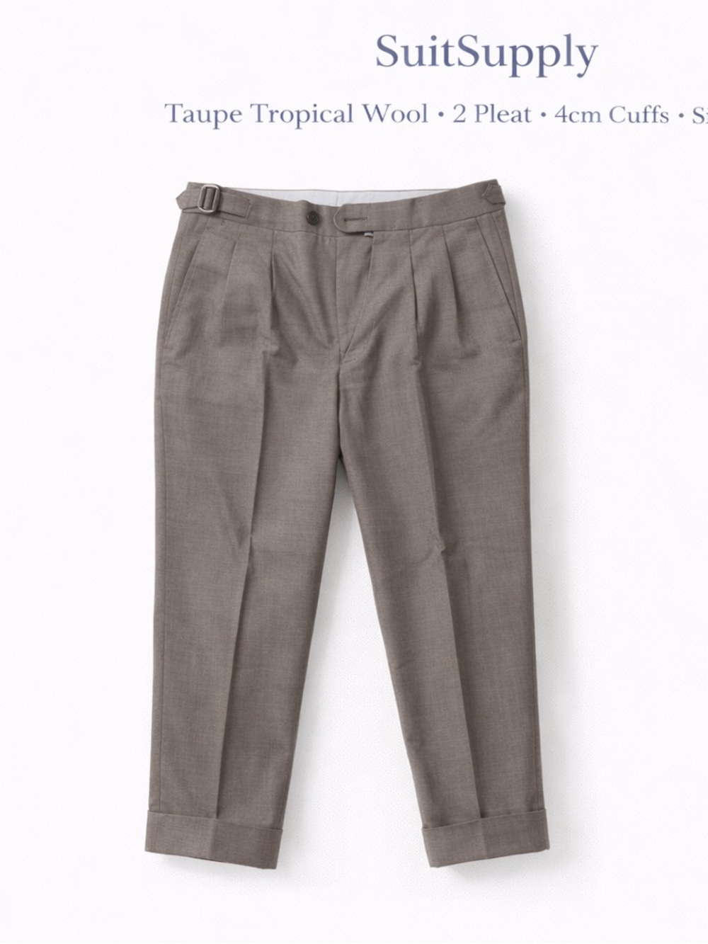 Suitsupply Taupe Pleated Tropical Wool Trousers - Adjustable 28 to 32